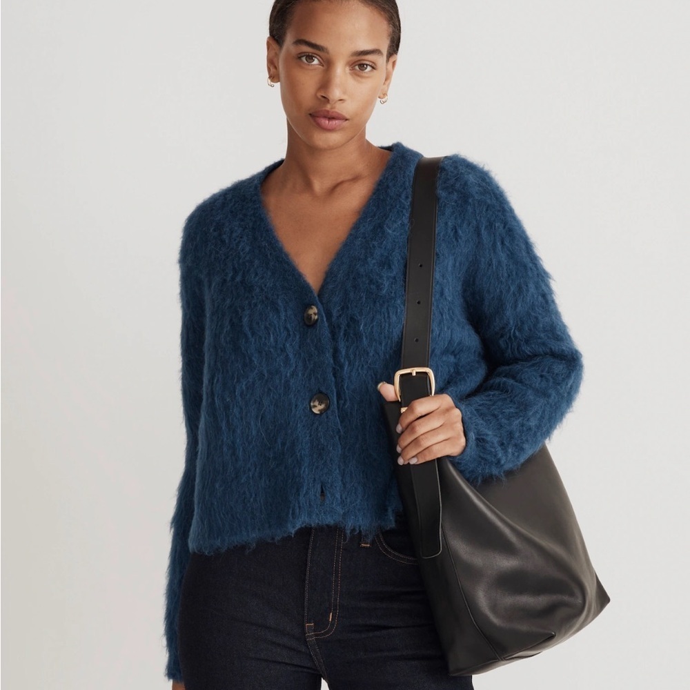 NEW Madwell Heather Lapis Blue Fuzzy Brushed V-Neck Cardigan Sweater Size L